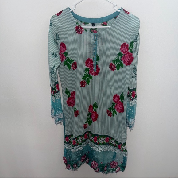 Pakistani Mint Green Floral 3 piece suit  Salwar Kameez & Dupatta, Size Large - Picture 3 of 6